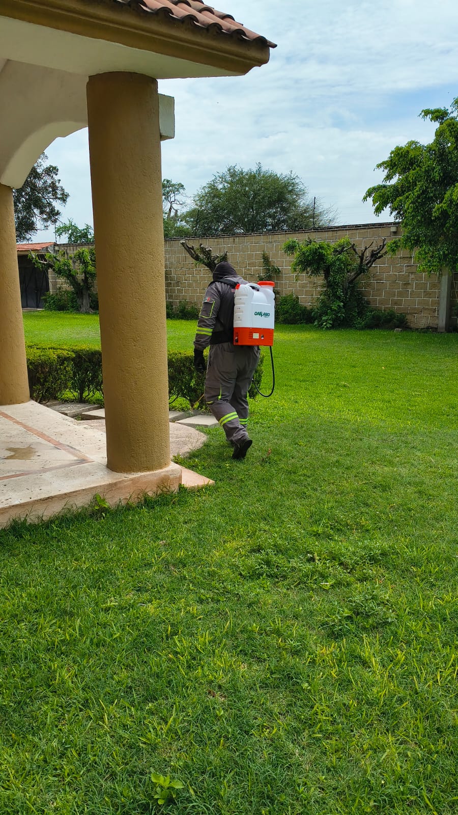 Personal de SOFEP realizando una aplicación en un jardín
